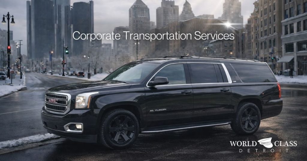 Promotional graphic for 'World Class Detroit Corporate Car Service.' The left side features a grayscale cityscape with bold white text reading 'Corporate Car Service.' The top left corner displays the company logo with a chauffeur's hat icon. A diagonal line separates the cityscape from the right side, which shows two men in black suits standing beside luxury black cars in a vibrant urban outdoor setting with greenery. The overall design conveys professionalism and high-quality service.
