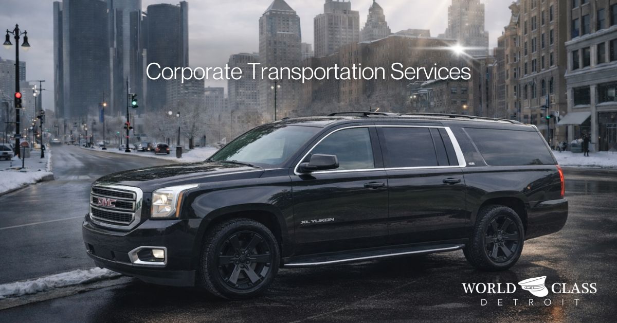 Promotional graphic for 'World Class Detroit Corporate Car Service.' The left side features a grayscale cityscape with bold white text reading 'Corporate Car Service.' The top left corner displays the company logo with a chauffeur's hat icon. A diagonal line separates the cityscape from the right side, which shows two men in black suits standing beside luxury black cars in a vibrant urban outdoor setting with greenery. The overall design conveys professionalism and high-quality service.